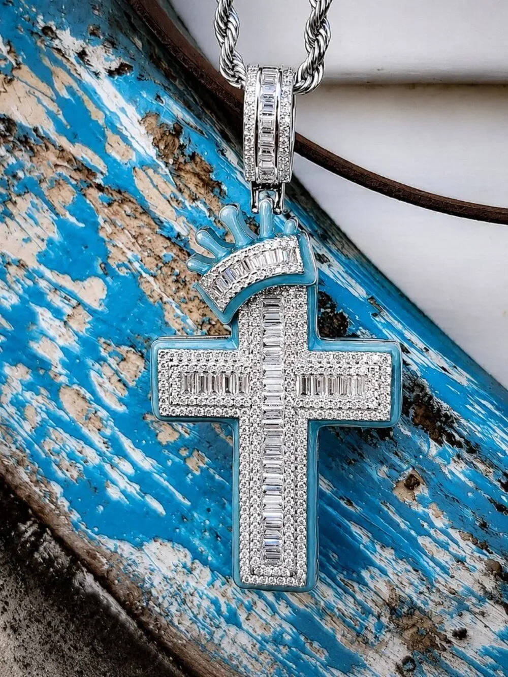 Blue Baguette Crowned Cross Necklace